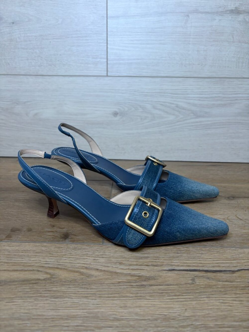 Coach Margot Loved Pointed Denim Slingback Heels with Gold Buckle Blue 8.5B NWT